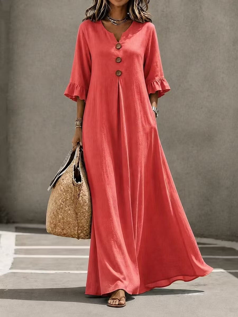 Valeria | Vestido midi de algodón con cuello de pico y volantes
