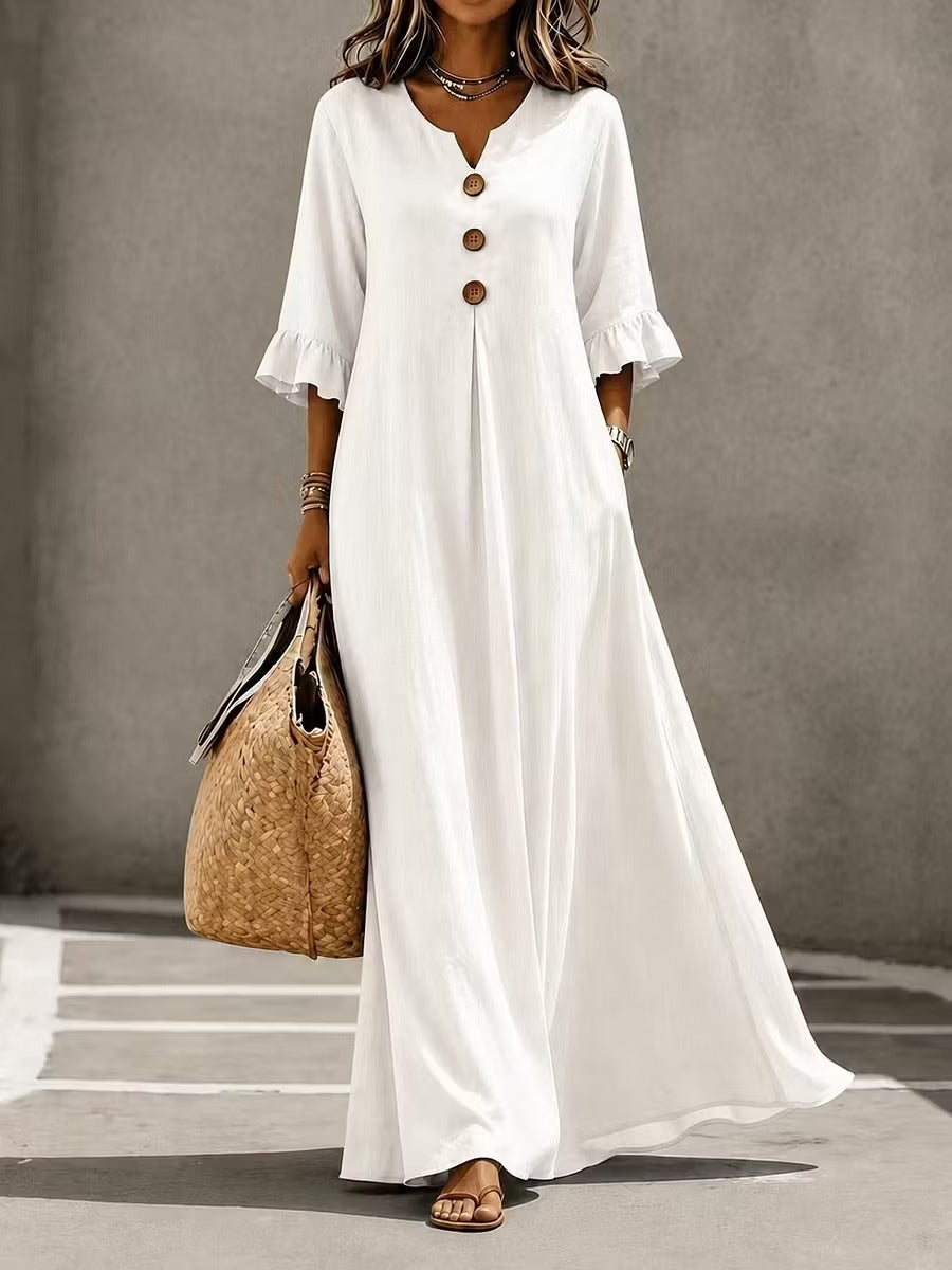 Valeria | Vestido midi de algodón con cuello de pico y volantes