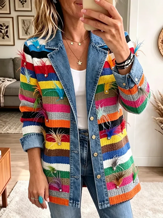 Fuensanta | Chaqueta Vaquera Elegante Vintage con Estampado de Plumas