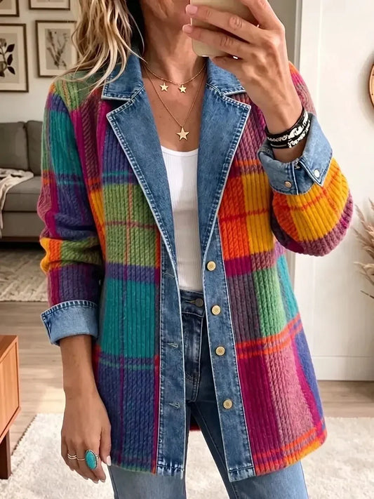 Sonsoles | Chaqueta Vaquera Patchwork de Cuadros Elegante Vintage