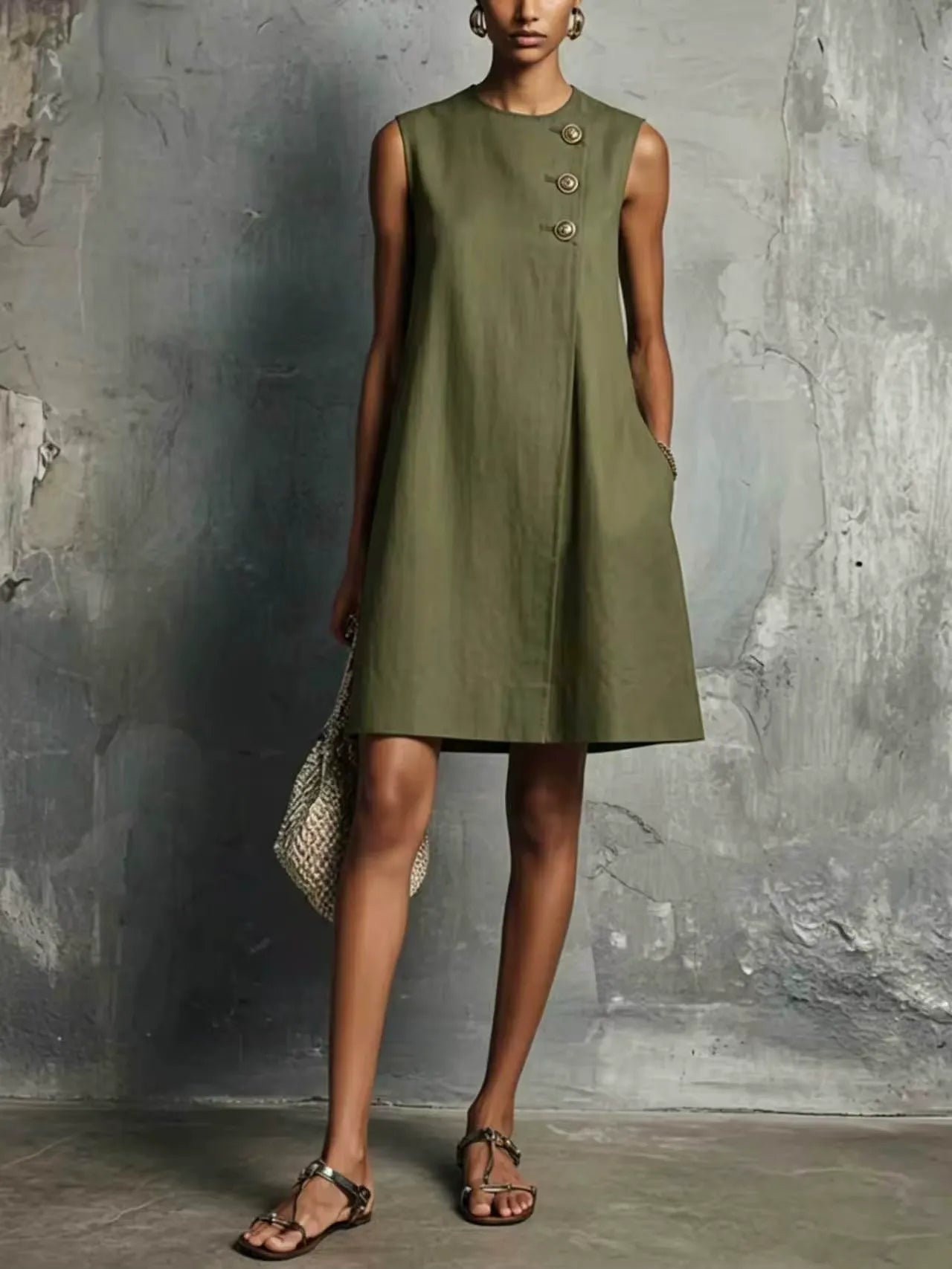 Lucila | Vestido Corto de Mujer Estilo Minimalista Profesional Azul Marino con Cuello Redondo, Botones Asimétricos, Bolsillo Lateral, Sin Mangas