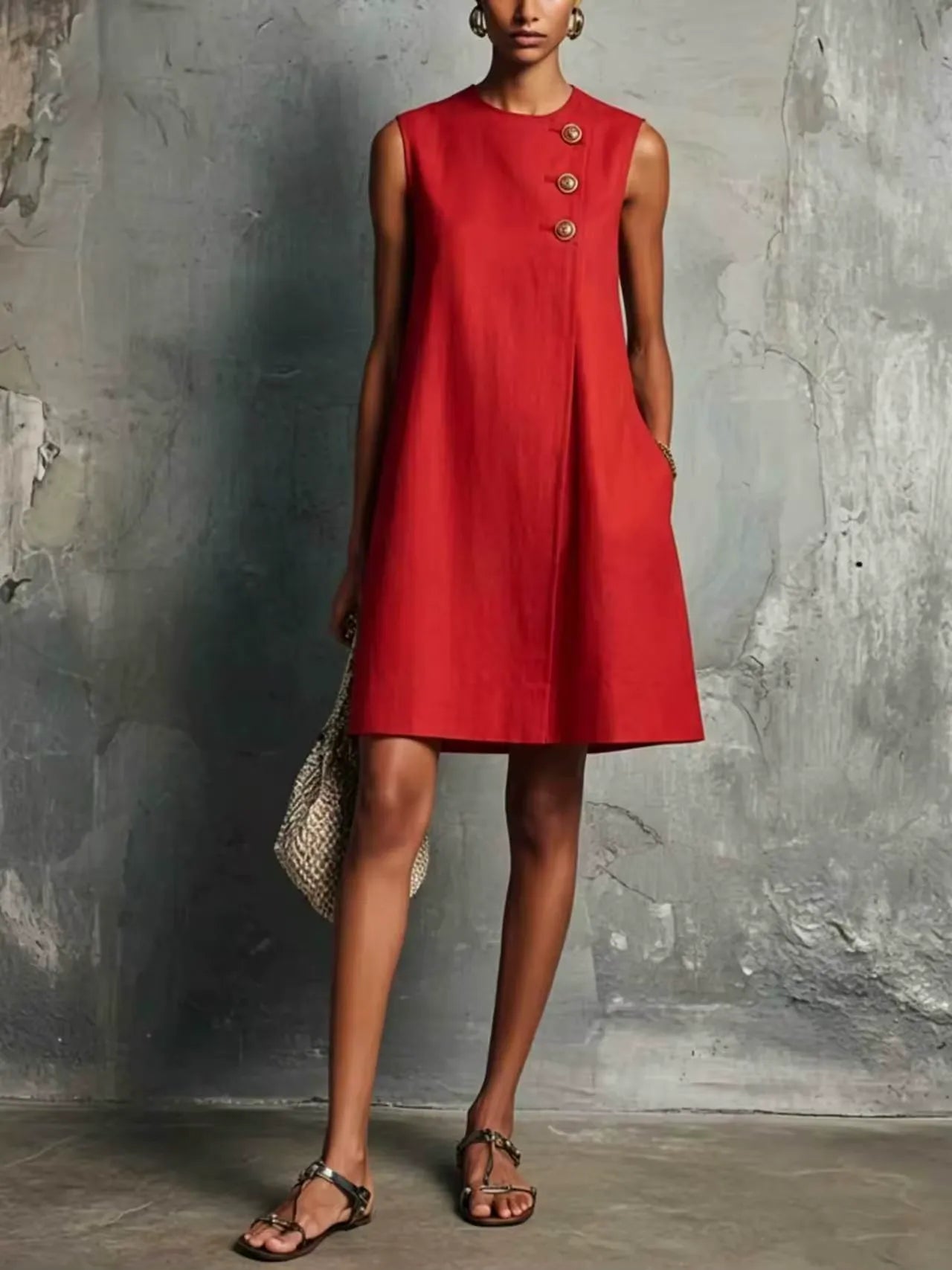 Lucila | Vestido Corto de Mujer Estilo Minimalista Profesional Azul Marino con Cuello Redondo, Botones Asimétricos, Bolsillo Lateral, Sin Mangas