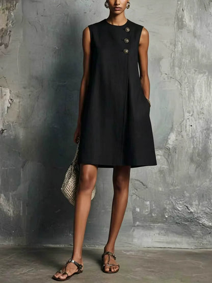 Lucila | Vestido Corto de Mujer Estilo Minimalista Profesional Azul Marino con Cuello Redondo, Botones Asimétricos, Bolsillo Lateral, Sin Mangas
