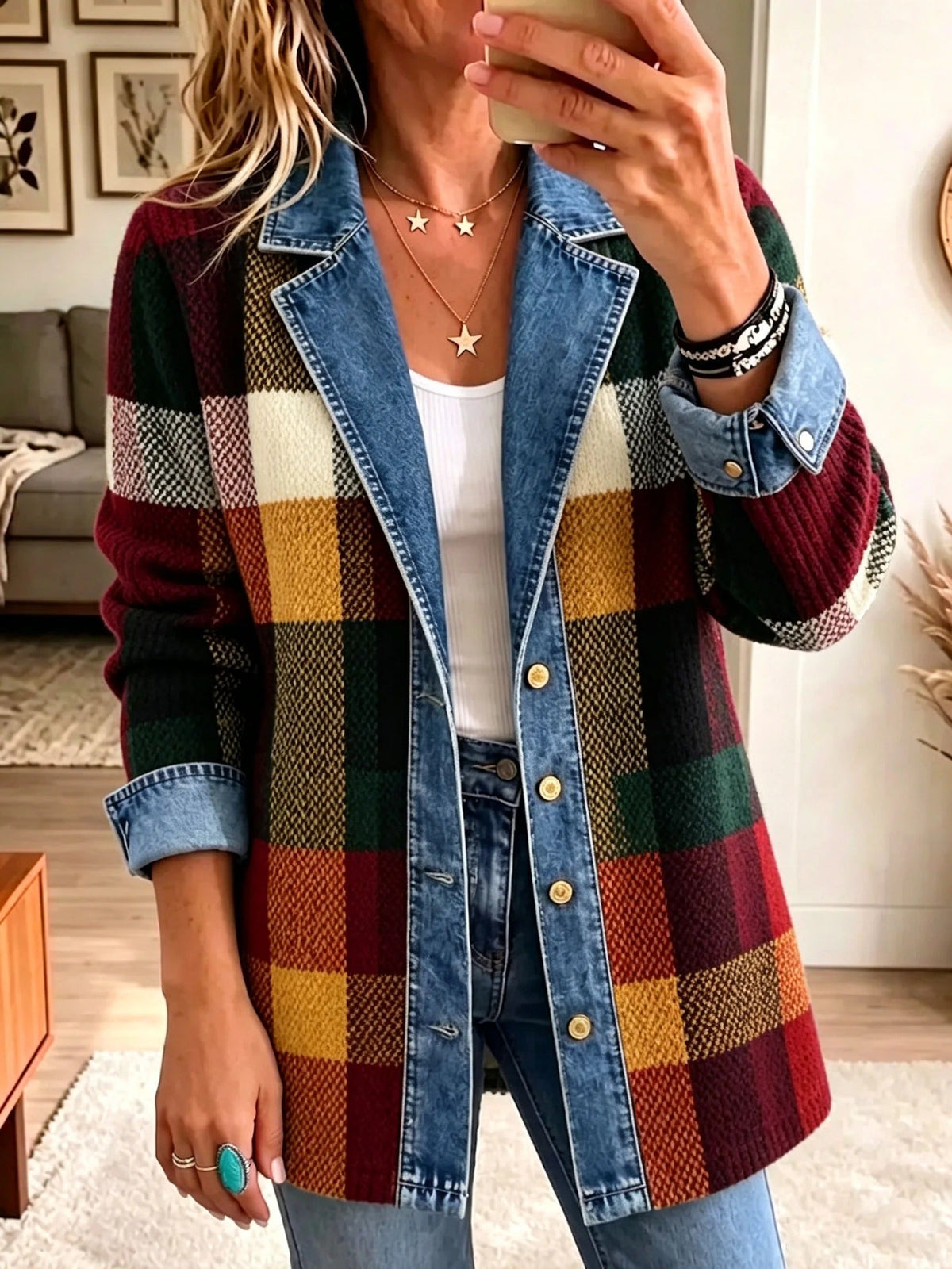Almudena | Chaqueta Vaquera de Cuadros con Bloques de Color Otoñales