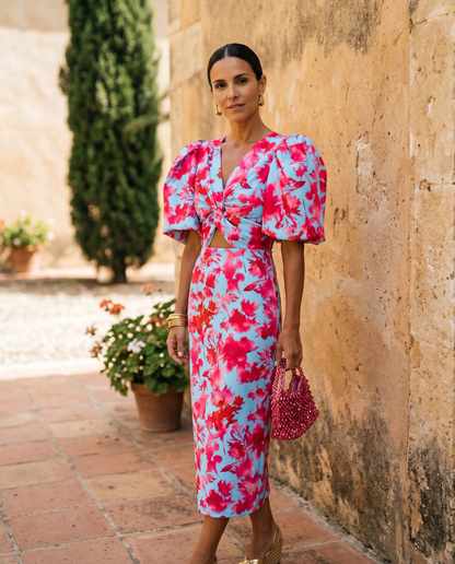 Carla | Vestido Midi Floral con Mangas Abullonadas