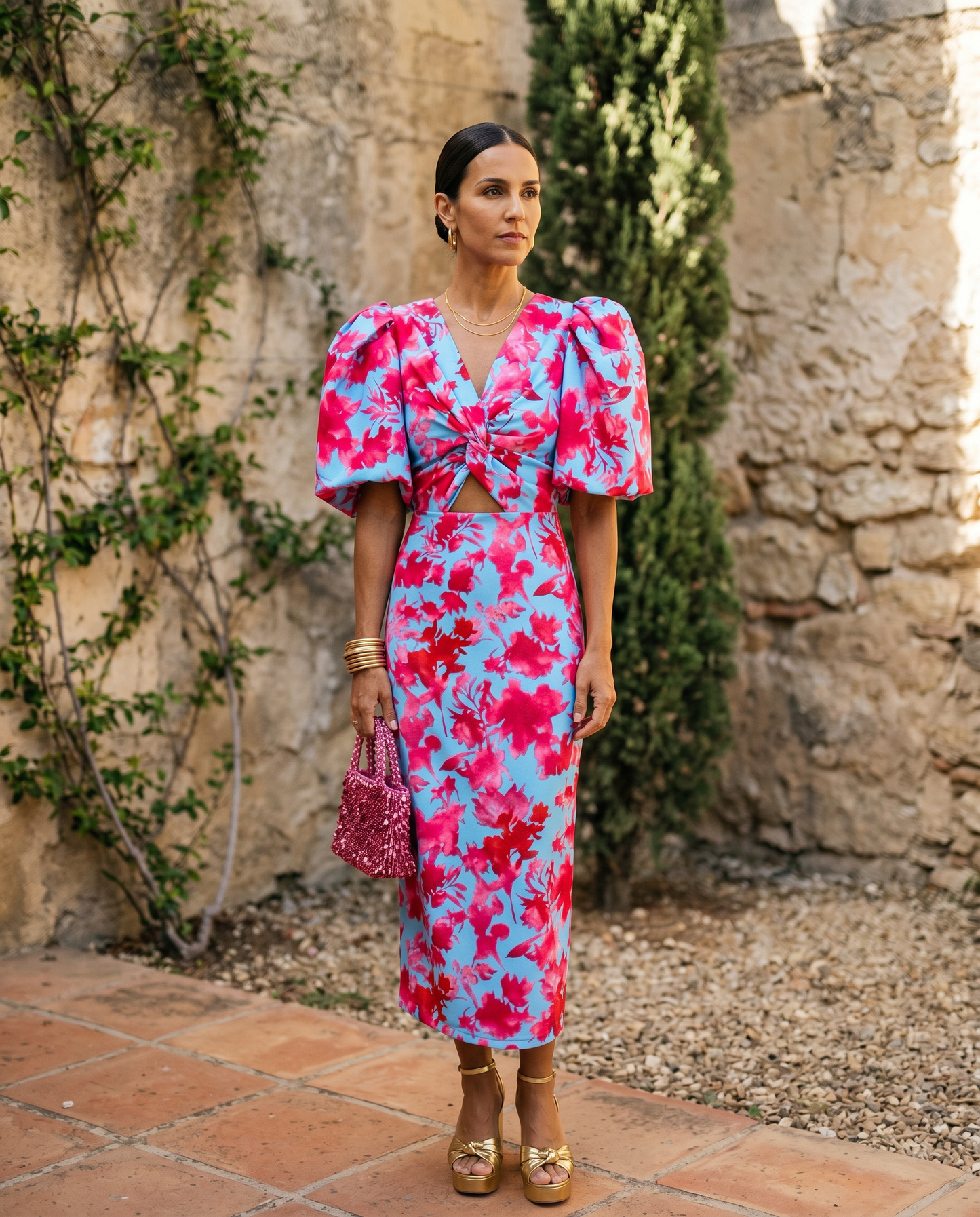 Carla | Vestido Midi Floral con Mangas Abullonadas