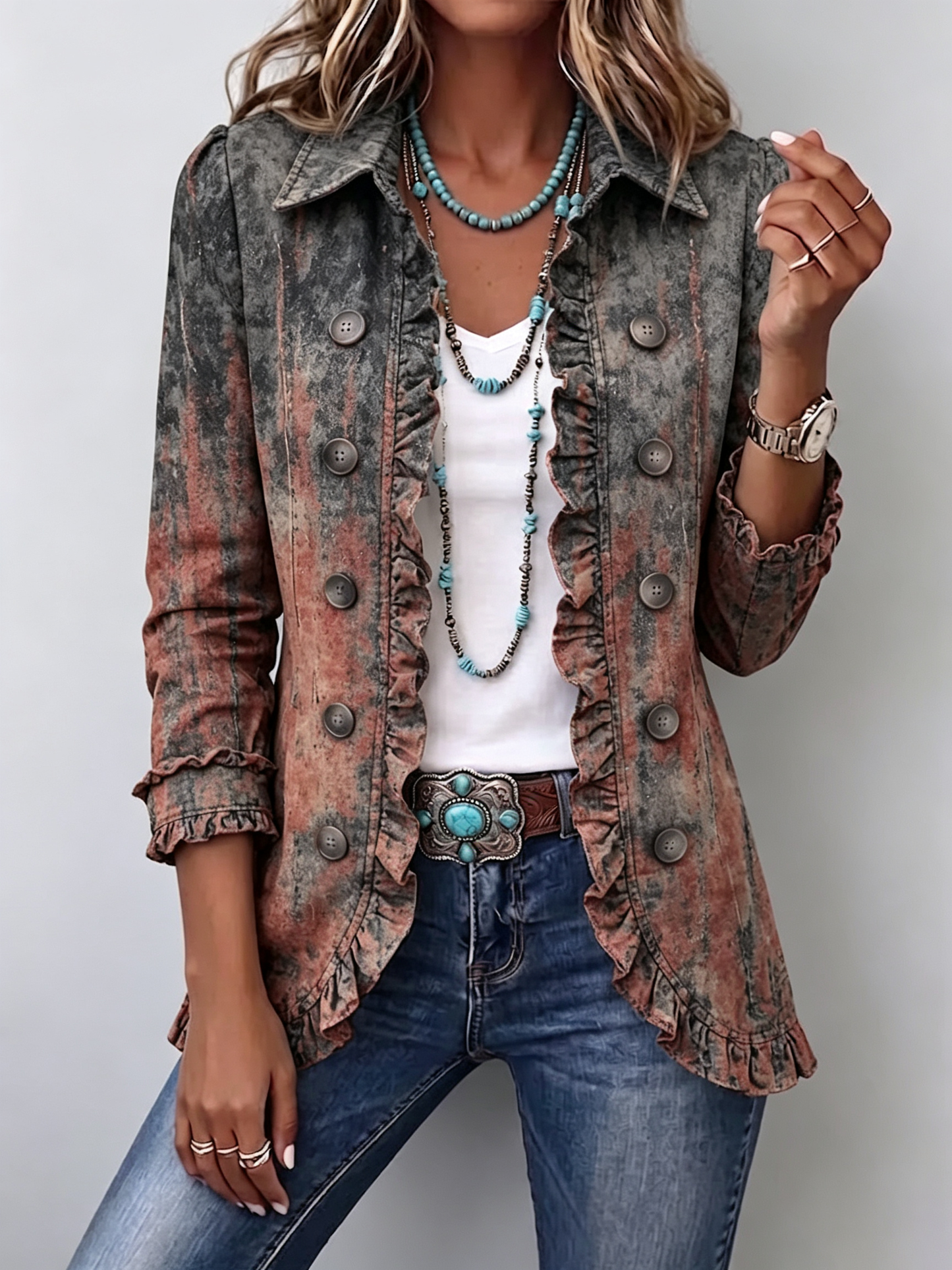 Flavia | Chaqueta Vintage Degradada Texturizada con Volantes