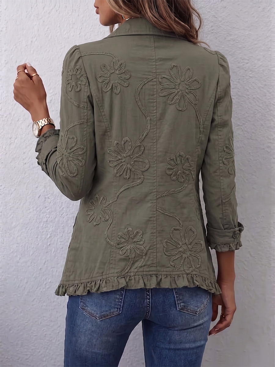 Alessandra | Chaqueta Boho-Chic con Bordado Floral y Acabados Fruncidos