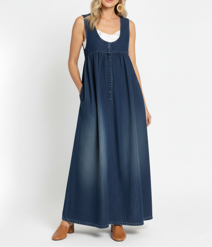 Karen | Vestido Largo en Denim Lavado Vintage con Toque de Algodón Suave