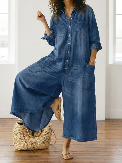 Diana | Mono Vintage en Denim de Algodón Suave Lavado con Botones
