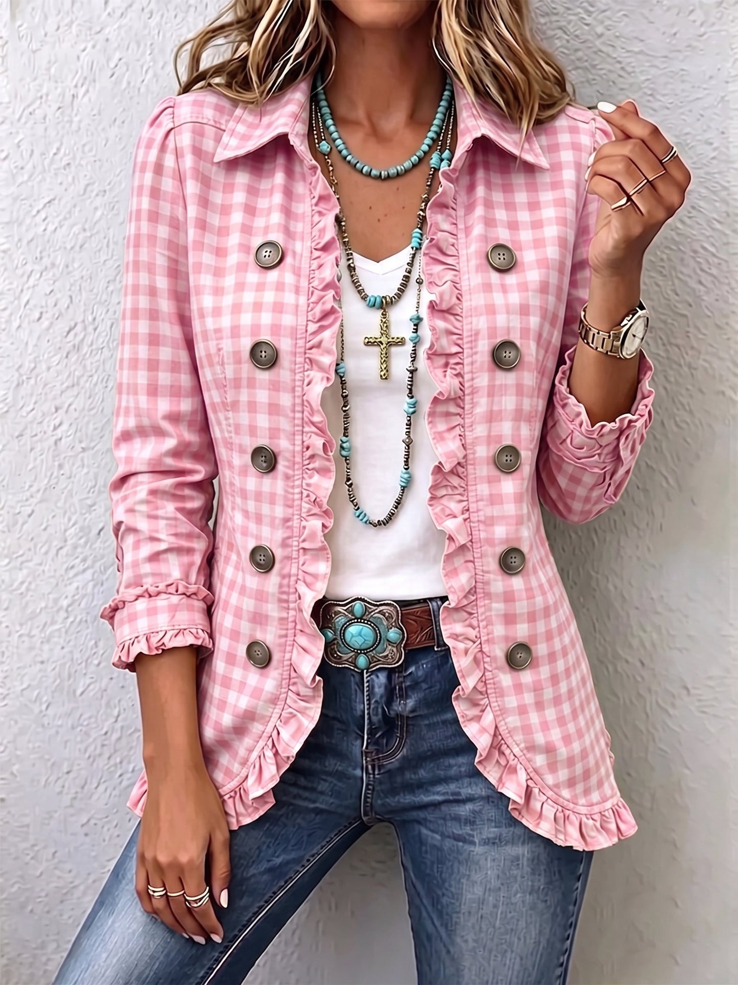 Giulia | Chaqueta de Cuadros Vichy con Volantes y Botones
