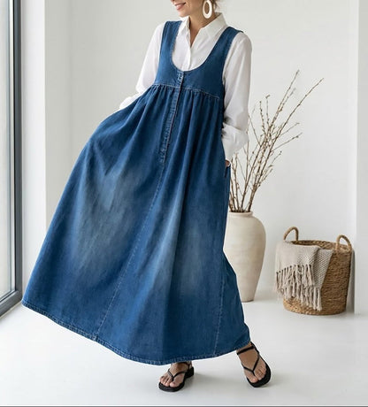 Karen | Vestido Largo en Denim Lavado Vintage con Toque de Algodón Suave