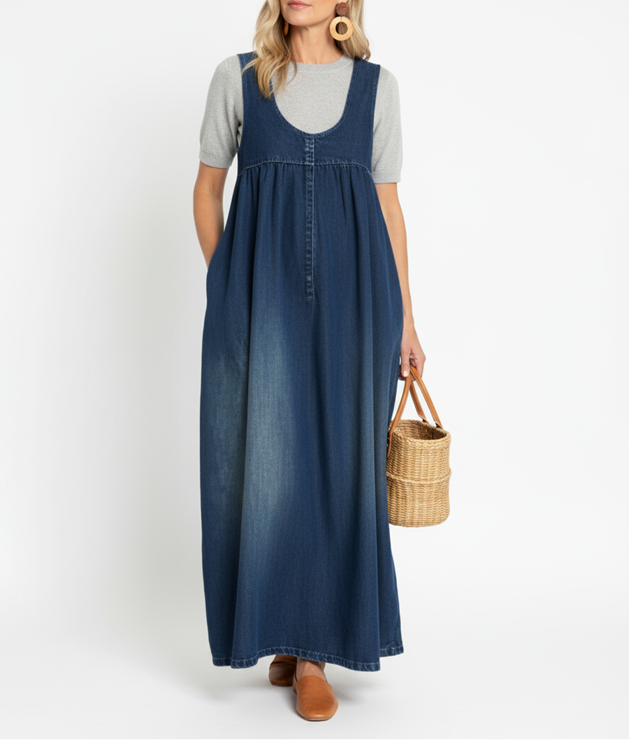 Karen | Vestido Largo en Denim Lavado Vintage con Toque de Algodón Suave