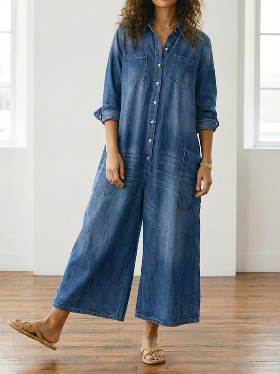 Diana | Mono Vintage en Denim de Algodón Suave Lavado con Botones