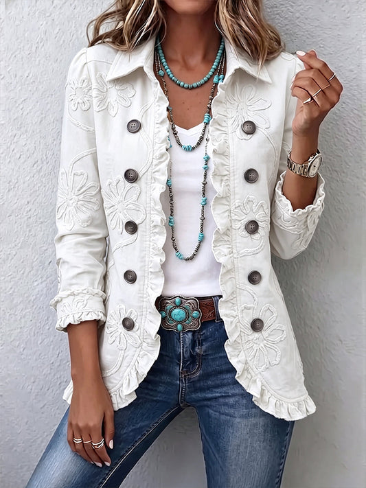 Camilla | Chaqueta Boho-Chic Bordado Floral Marfil con Acabados Fruncidos