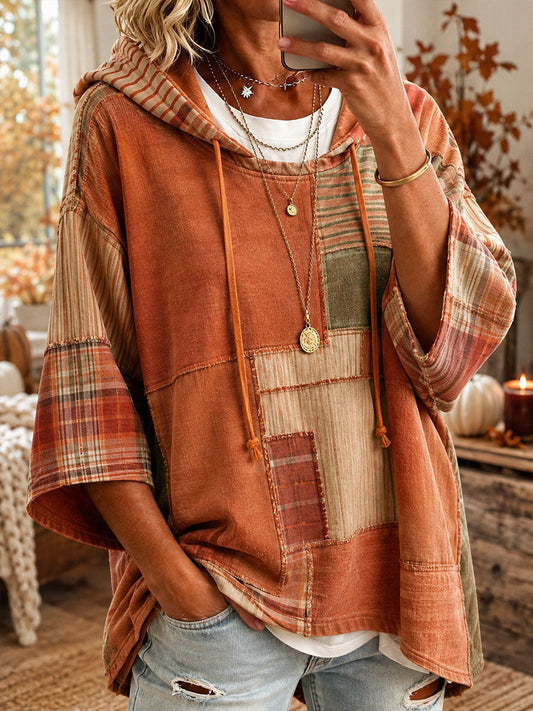 Caridad | Sudadera con Capucha Oversize Patchwork en Tonos Otoñales